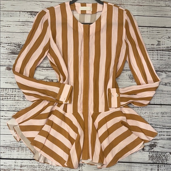 KAELEN Brown and Pink Peplum Blouse with Mandarin Collar - Picture 6 of 7